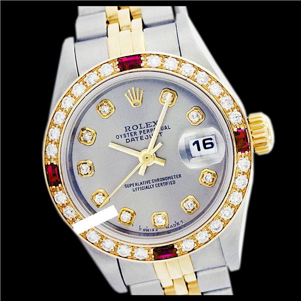 Rolex Men's Two Tone 14K Gold/SS, QuickSet, Diam Dial & Diam/Ruby Bezel