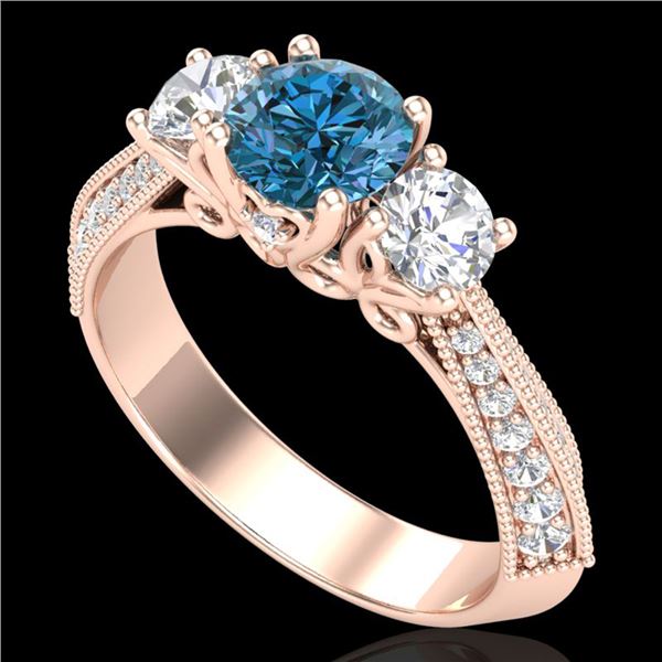 1.81 ctw Intense Blue Diamond Art Deco 3 Stone Ring 18k Rose Gold - REF-236X4A