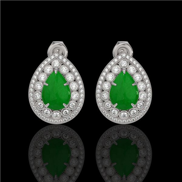 7.74 ctw Jade & Diamond Victorian Earrings 14K White Gold - REF-218A2N