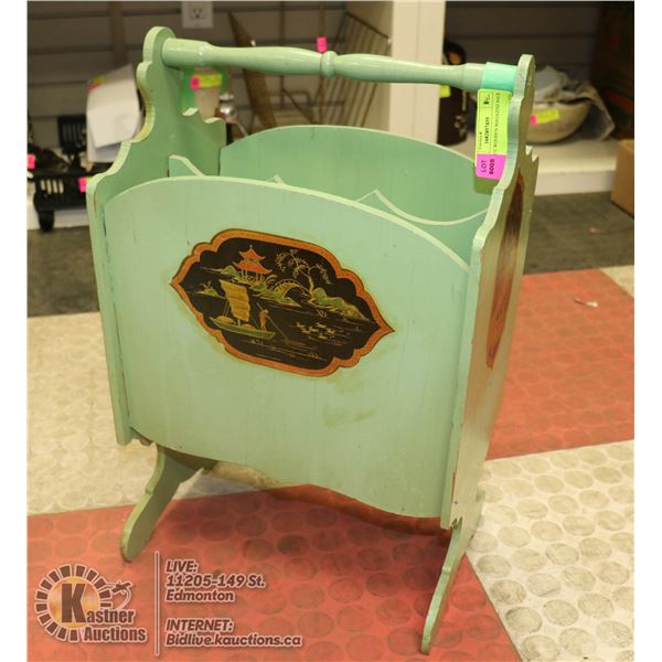 ANTIQUE WOODEN MAGAZINE RACK GREEN, 29" TALL