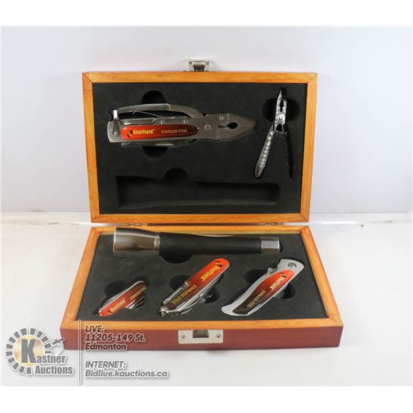 SHEFFIELD WOOD BOX KNIFE AND TOOL SET
