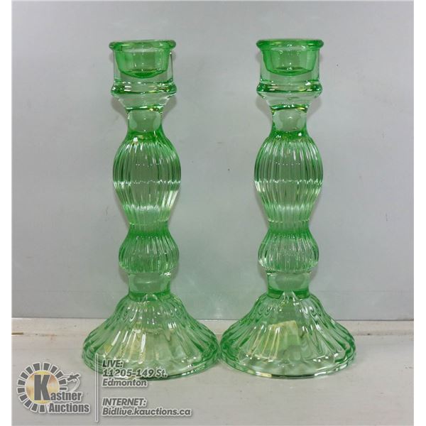 PAIR OF GREEN GLASS CANDLE STICKS, 8" TALL