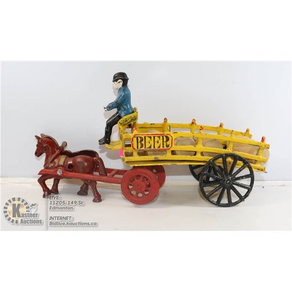 VINTAGE CAST METAL BEER WAGON WITH DRIVER
