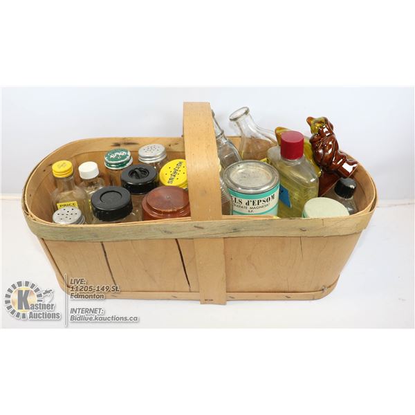 BASKET FULL OF ANTIQUE BOTTLES SALT SHAKERS AND
