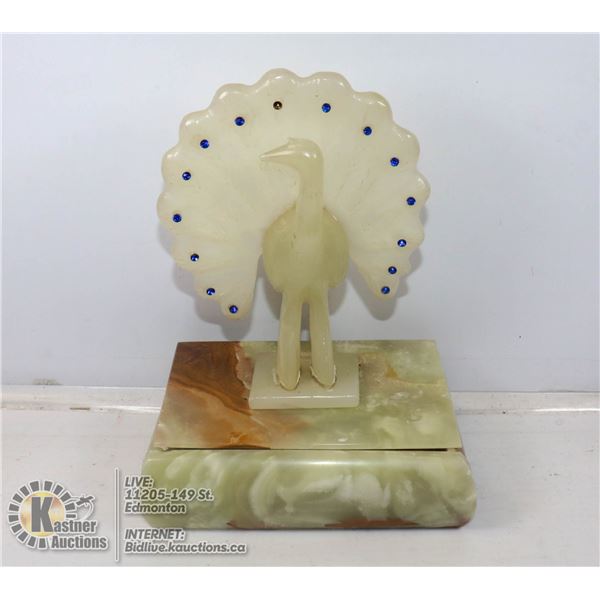 ALABASTER STONE CARVED BOX WITH PEACOCK, 8" TALL