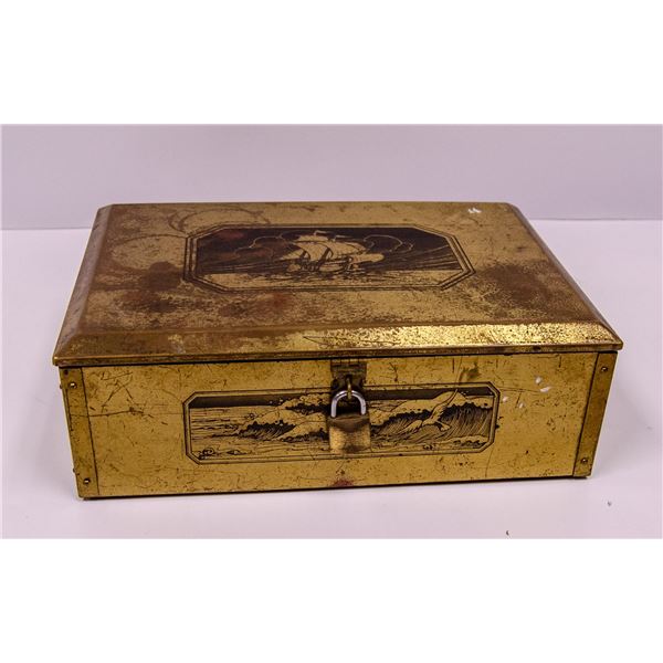 BRASS TONE VELVET LINED BOX WITH SHIP DECAL