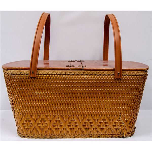 VINTAGE WOOD AND WICKER BASKET