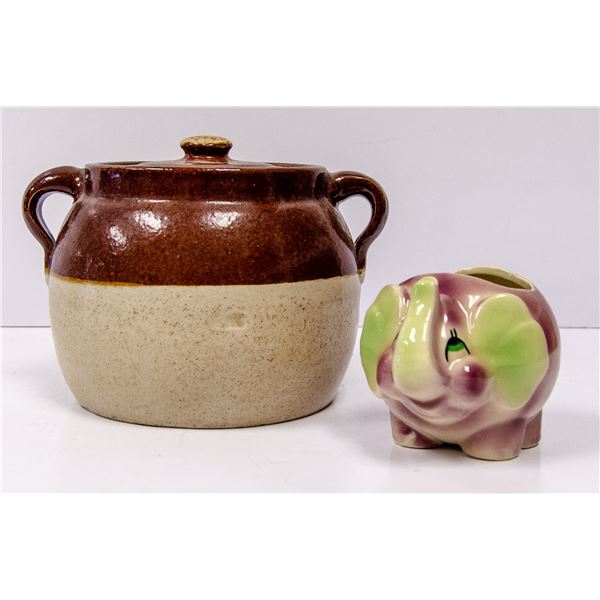 ANTIQUE CROCK WITH LID AND ELEPHANT ORNAMENT