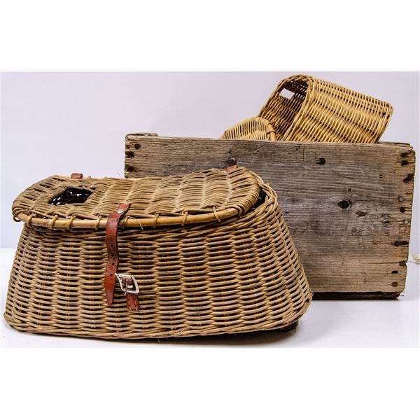 WIOD CRATE WITH TWO ANTIQUE FISHING BASKETS