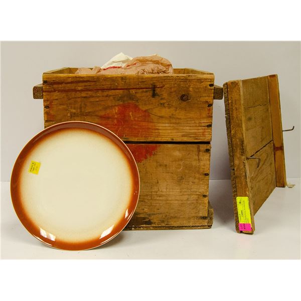WOOOD CRATE FULL OF VINTAGE DISHES & MORE