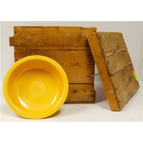 WOOD CRATE FULL OF PYREX AND FIESTA WARE