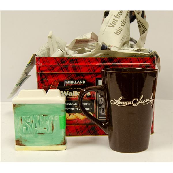 TIN FULL OF VARIOUS CUPS AND COLLECTIBLES