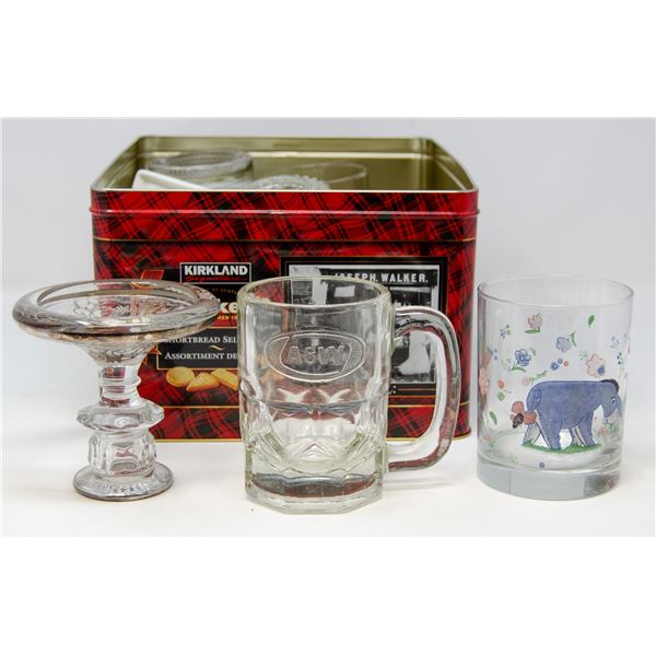 TIN FULL OF VARIOUS CUPS AND COLLECTIBLES