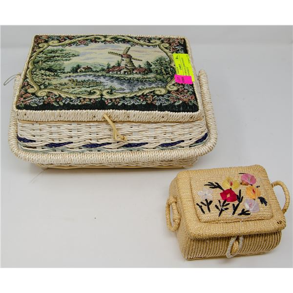 PAIR OF EMBROIDERED WICKER BASKETS