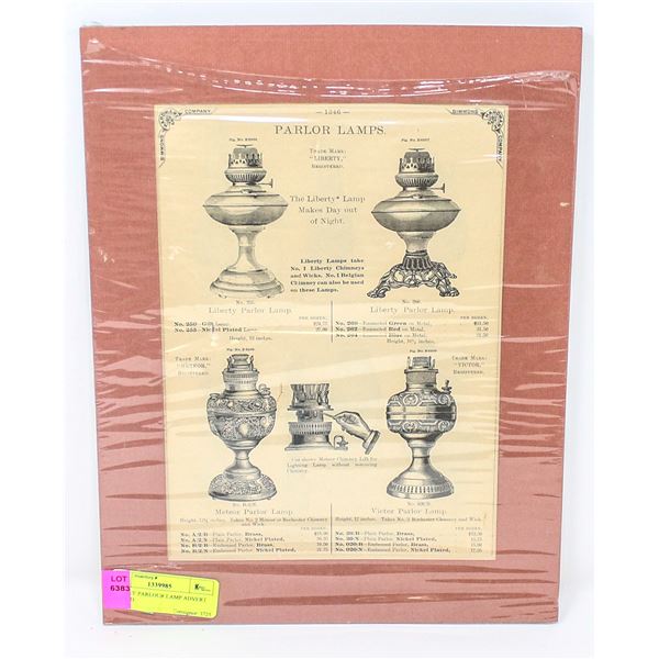 ANTIQUE PARLOUR LAMP ADVERT MATTED