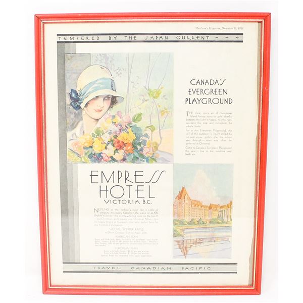 1930 EMPRESS HOTEL ADVERTISING FRAMED