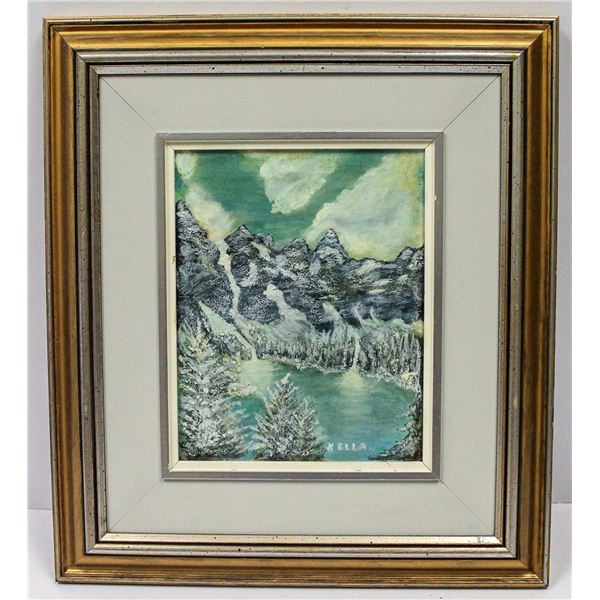 OIL ON BOARD PAINTING OF MOUNTAINS FRAMED