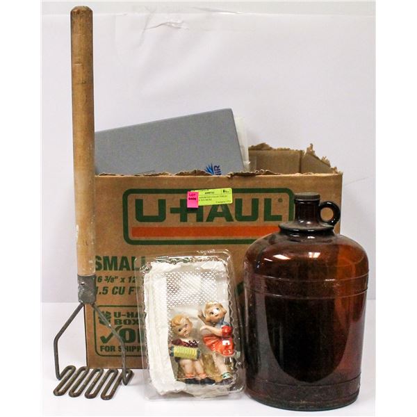 BIN OF ASSORTED COLLECTIBLES WHISKY JUG MORE