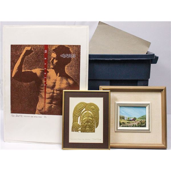 BIN OF ASSORTED FRAMED PICTURES AND ART