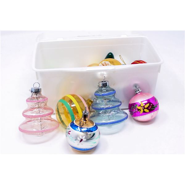 BIN OF ASSORTED GLASS CHRISTMAS ORNAMENTS
