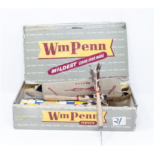 BOX OF ASSORTED ANTIQUE DARTS FEATHER DARTS