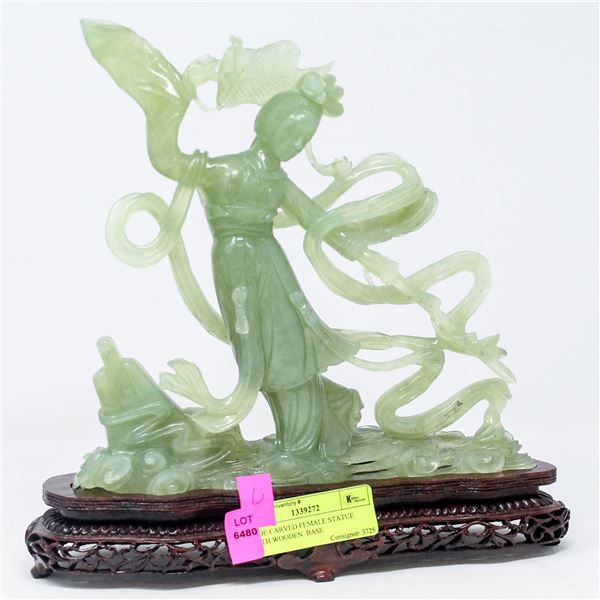 JADE CARVED FEMALE STATUE WITH WOODEN  BASE