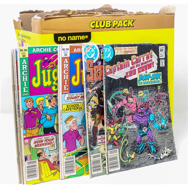 BOX OF ASSORTED VINTAGE COMICS AND TOYS