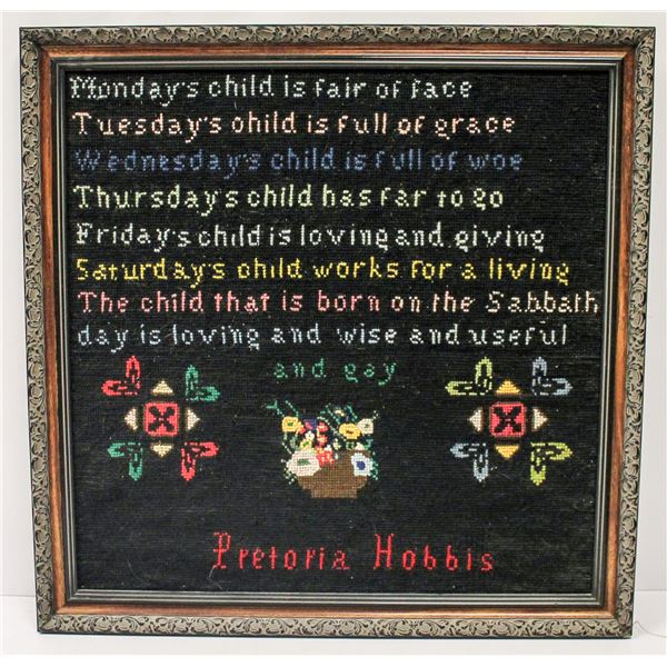 ANTIQUE FRAMED SAMPLER PRETORIA HOBBIS