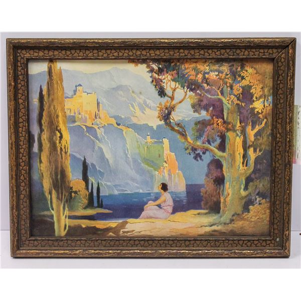 1920S ART DECO WATER COLOUR PRINT LADY BY THE