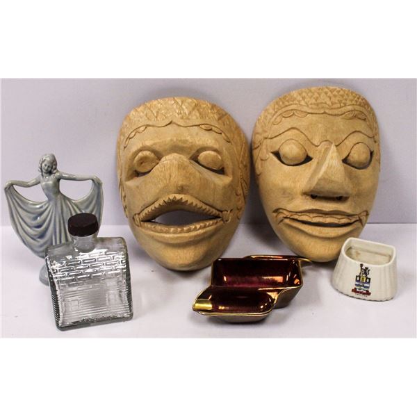 BOX WITH TWO HAND CARVED WOODEN MASKS