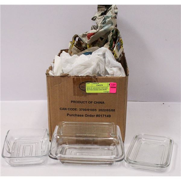 BOX OF ASSORTED VINTAGE BUTTER DISHES AND MORE