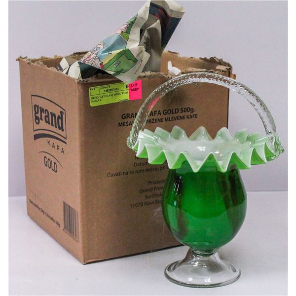 GREEN ART GLASS BOWL WITH HANDLE