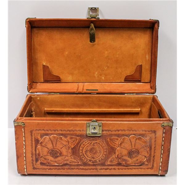 VINTAGE TOOLED LEATHER SUITCASE CARRY CASE