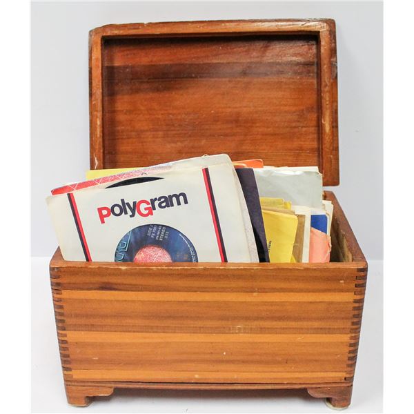 WOODEN BOX FULL OF 45 RPM RECORDS