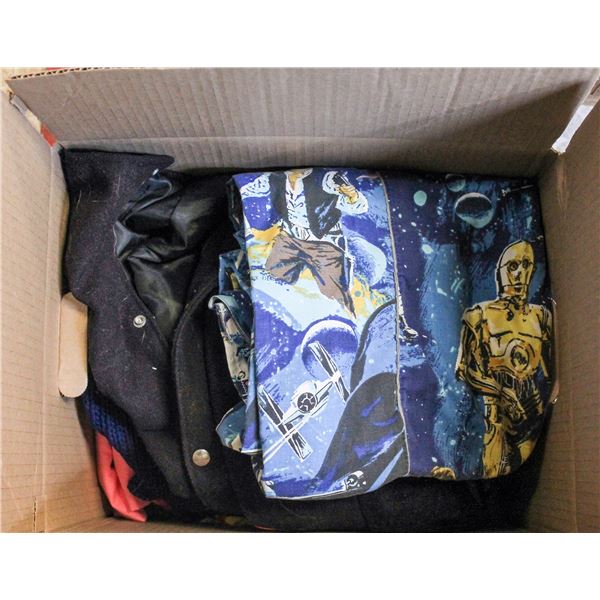 BOX OF VINTAGE CLOTHING AND STAR WARS SHEETS