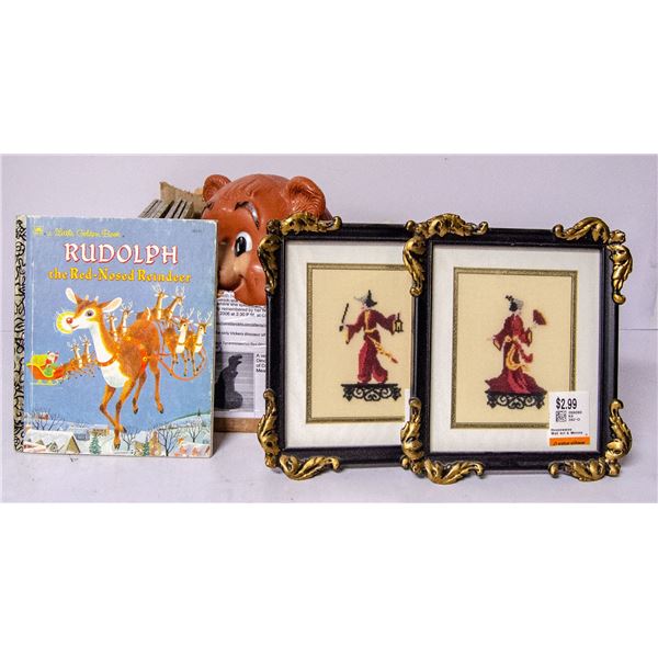 BOX OF ASSORTED VINTAGE CHILDRENS TOYS AND BOOKS