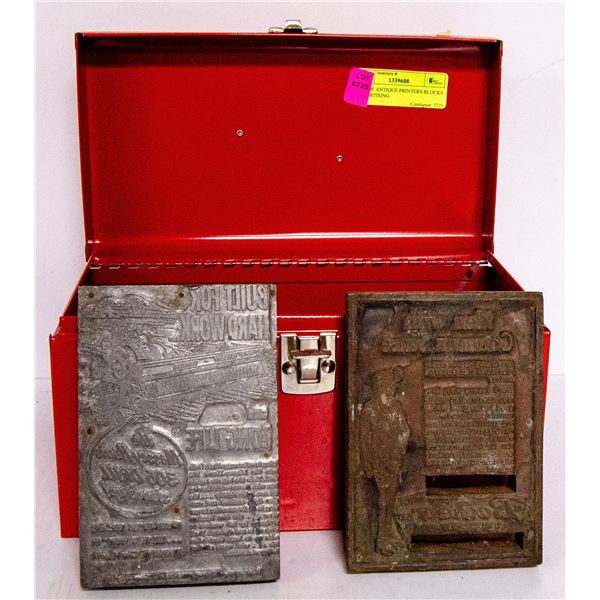 BOX OF ANTIQUE PRINTERS BLOCKS ADVERTISING