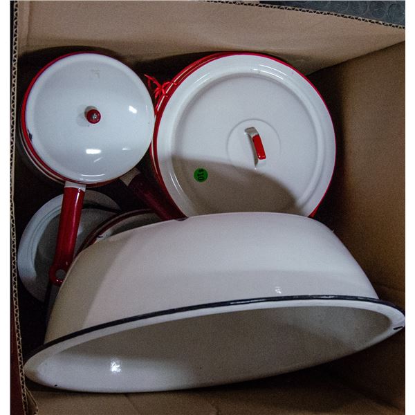 LARGE BOX ASSORTED ENAMEL WARE