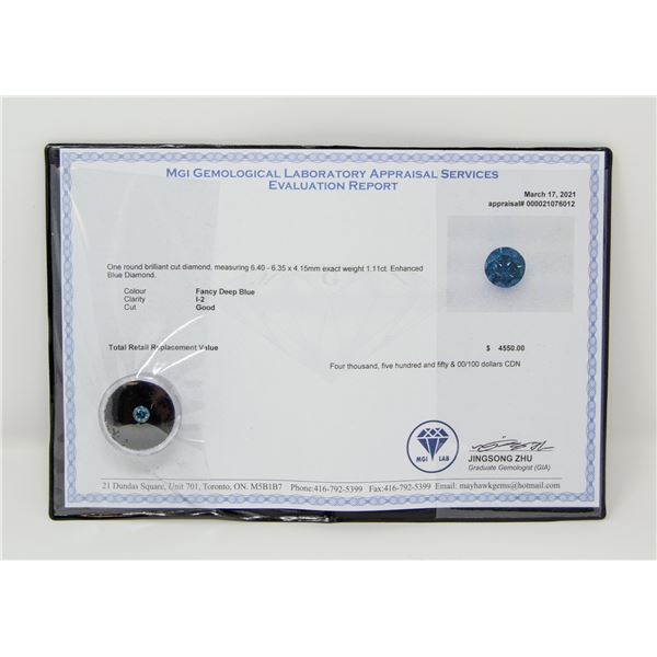 MGI CERTIFIED 1.11CT FANCY DEEP BLUE DIAMOND