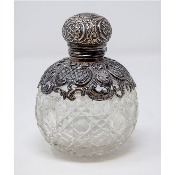 VINTAGE .925 SILVER TOP CRYSTAL BOTTLE, 49g ASW