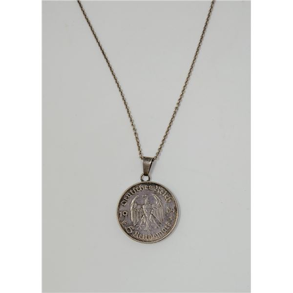 1934 SILVER WWII NAZI GERMANY 5 REICHSMARK PENDANT