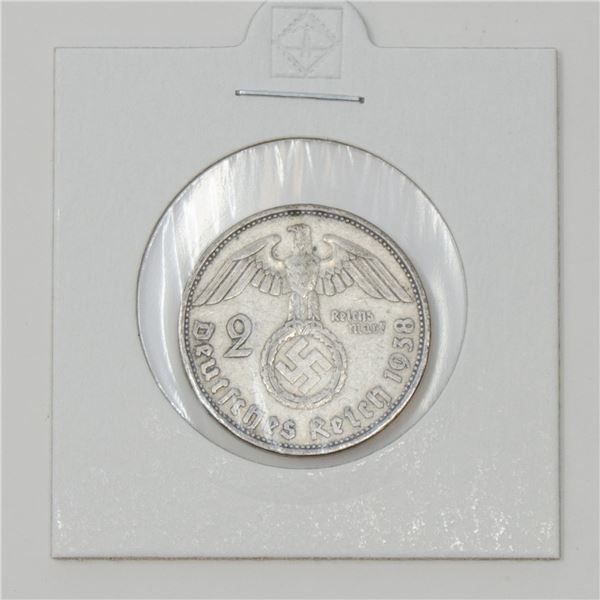 1938 WWII SILVER NAZI GERMANY 2 REICHSMARK COIN