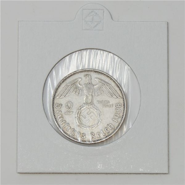 1938 WWII SILVER NAZI GERMANY 2 REICHSMARK COIN
