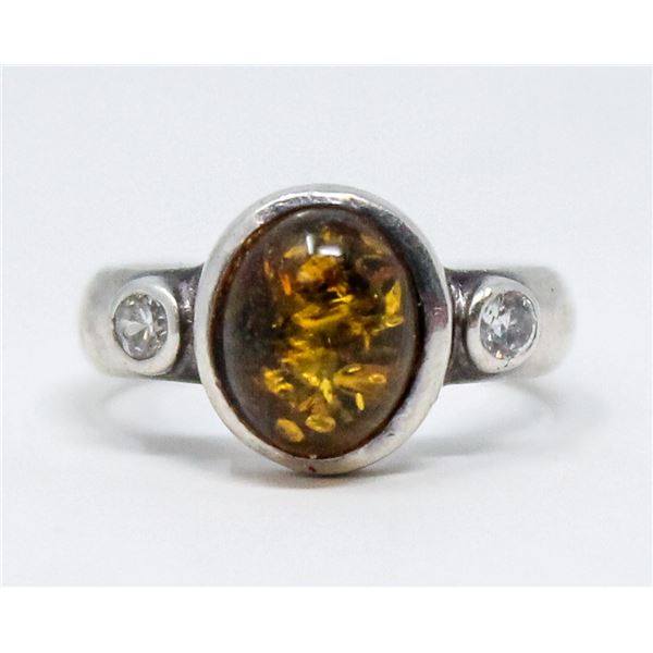 VINTAGE .925 SILVER MARKED AMBER RING, 4.6g, SIZE 6.5
