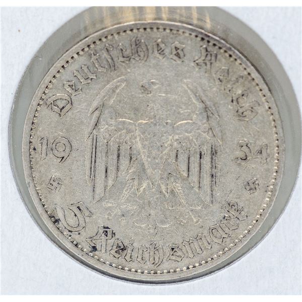 1934 SILVER WWII NAZI GERMANY 5 REICHSMARK COIN
