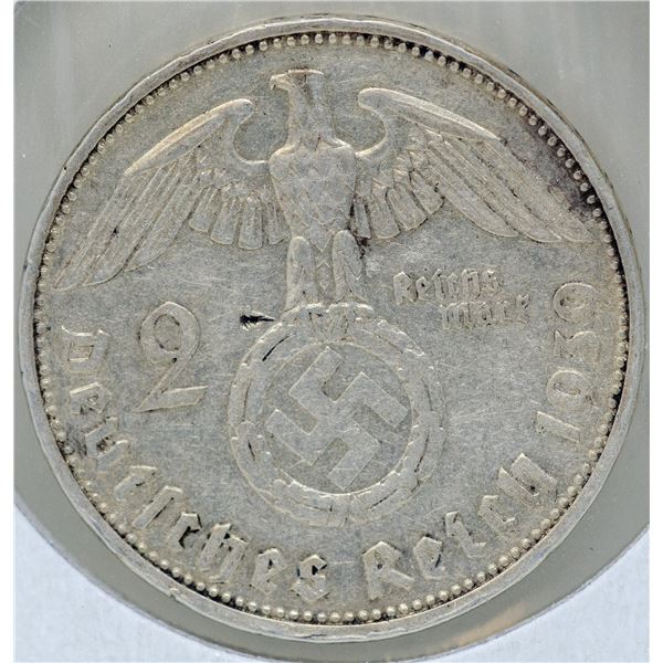1939 SILVER WWII NAZI GERMANY 2 REICHSMARK COIN