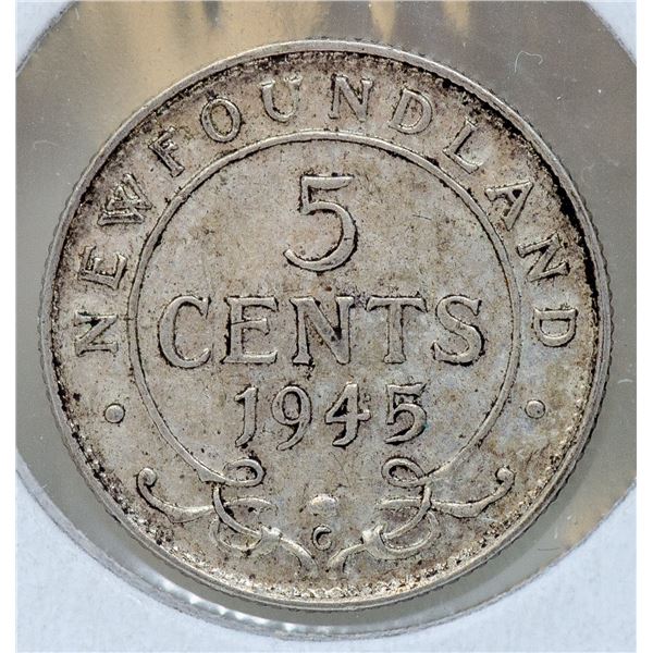 1945 WWII SILVER NEWFOUNDLAND 5 CENTS COIN