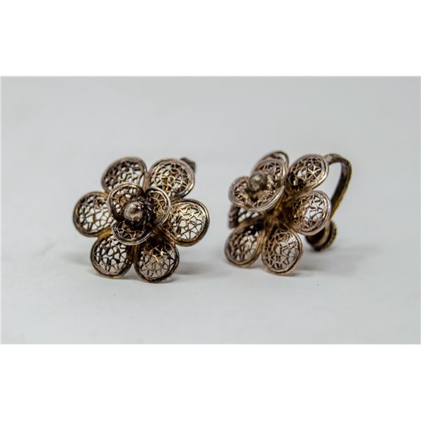 VINTAGE .925 SILVER ROSE STYLE EARRINGS, 4.7g