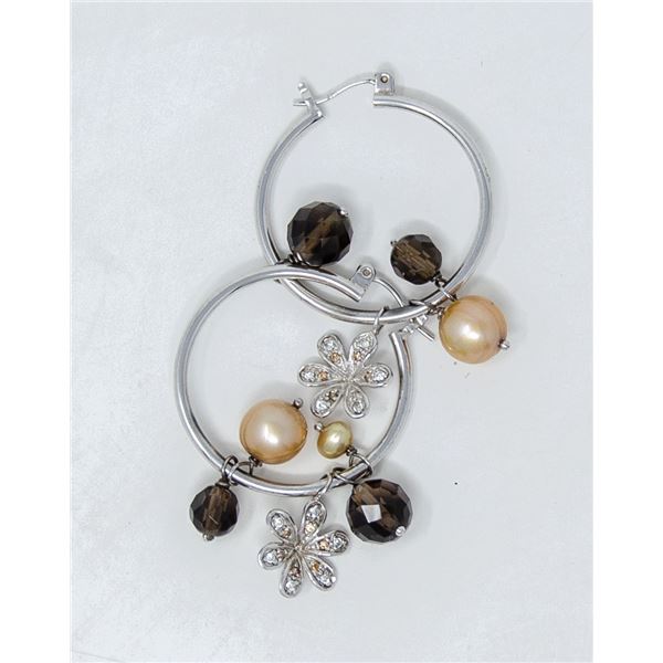 VINTAGE .925 SILVER PEARL HOOP EARRINGS, 9.9g