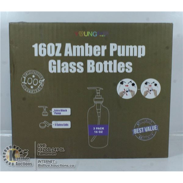 THREE PACK 16OZ AMBER PUMP GLASS BOTTLES